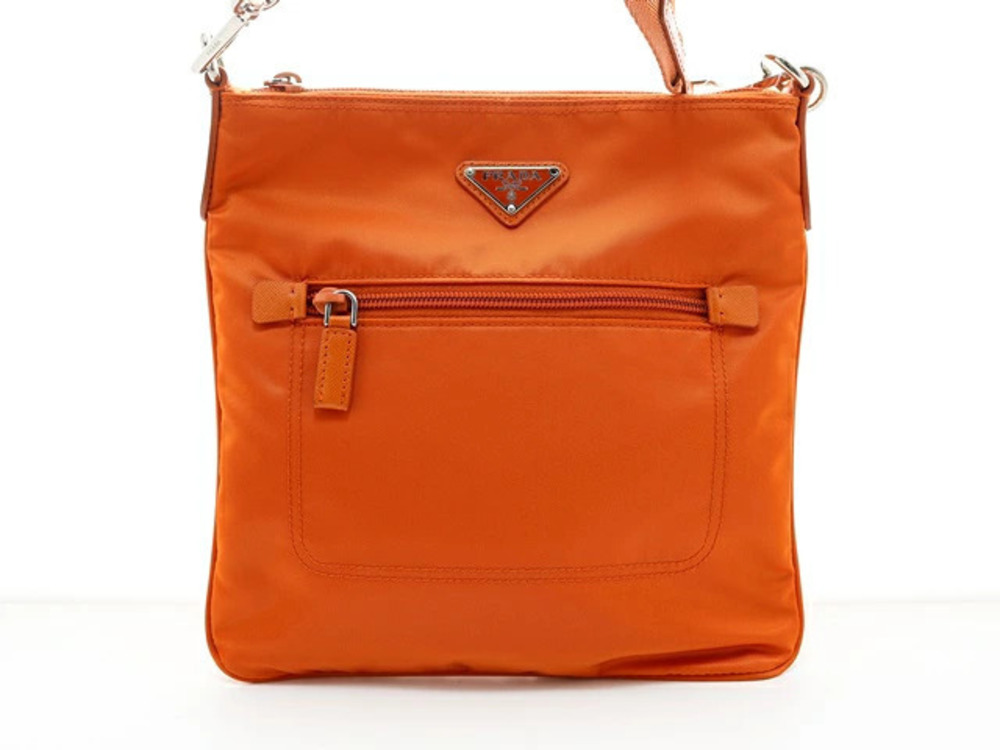 Prada Leather Shoulder Bag Gusset Multiple Pockets Multifunctional Orange